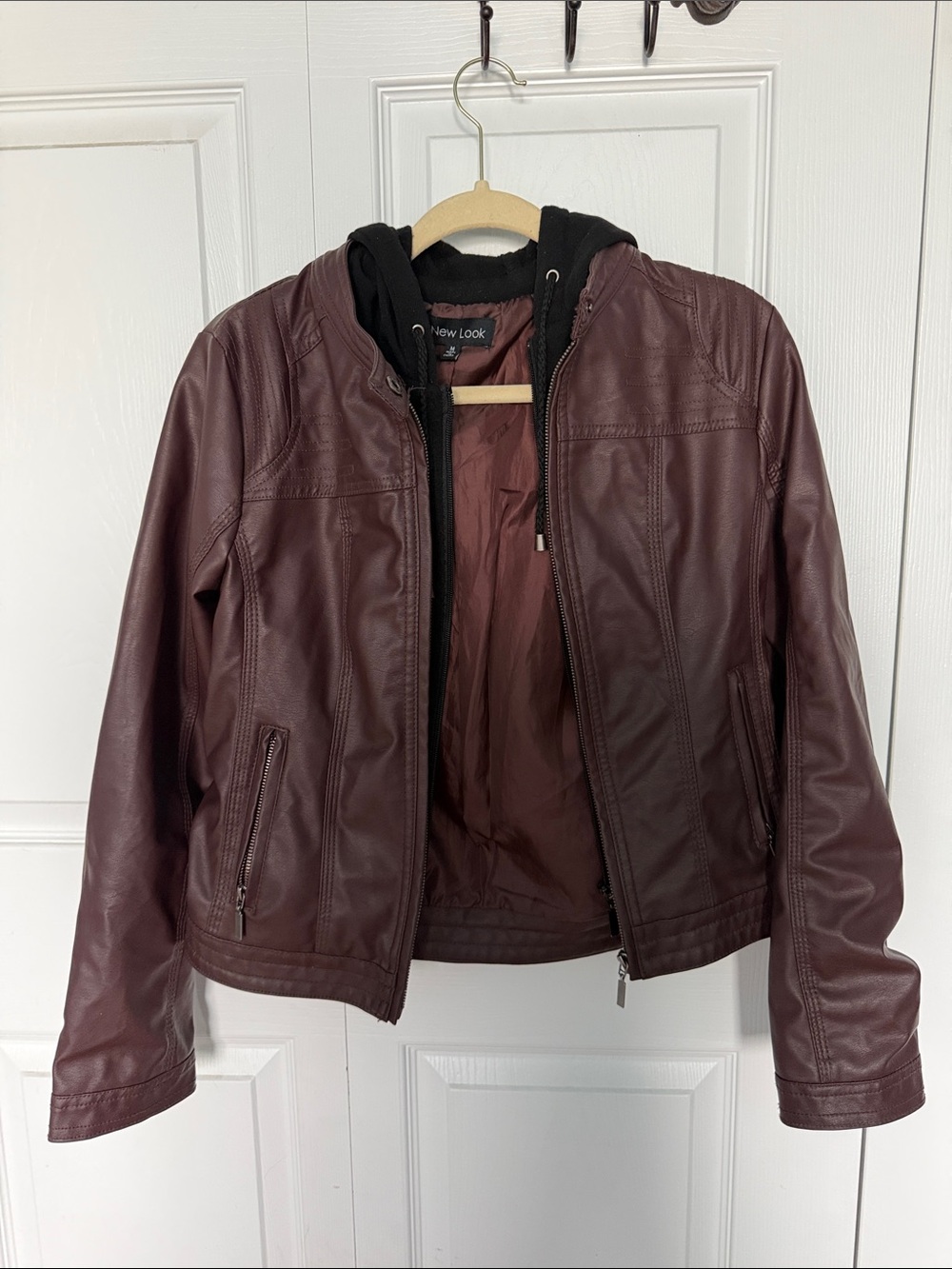 New Look Women’s Brown Faux Leather Jacket with Black Hood